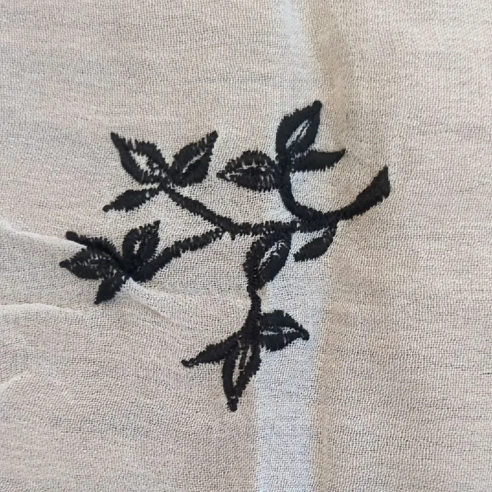 Express Vintage White Scarf Black Floral Embroidery Boho Cottagecore
